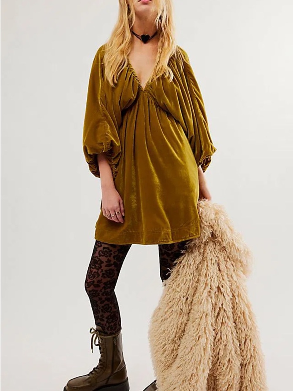 Free People Olive Green Velvet V-Neck Mini Dress